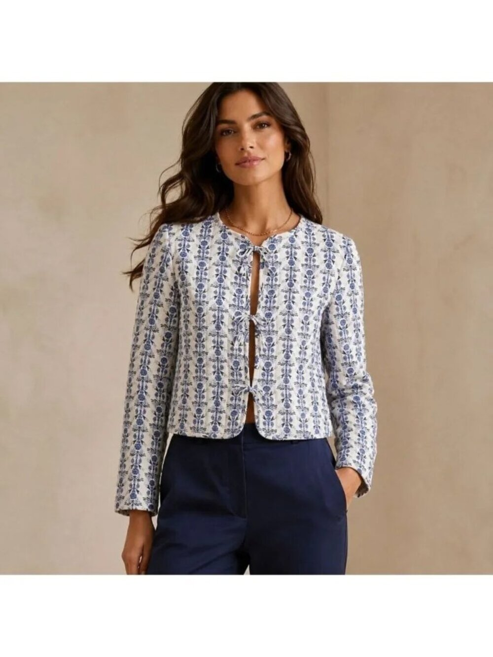 NEW Caroline Constas Blue Floral Linen Blend Quilted Bows Jacket Womens Small